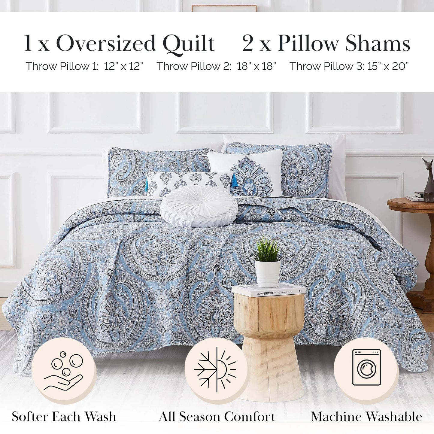Southshore Fine LinensOversized 5-Piece Twin/Twin XL Quilt Bedding Set with two matching shams and three decorative throw pillows, oversized Paisley farmhouse bedspread Pure Melody Aqua