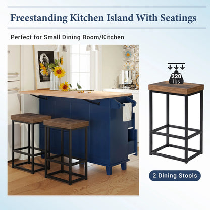 3 Pieces Farmhouse Style Kitchen Island Set with 2 Dining Stools, Kitchen Island with Adjustable Shelf, 4 Drawers, 2-Door Cabinet, Towel Rack & Rubber Wood Tabletop, Blue
