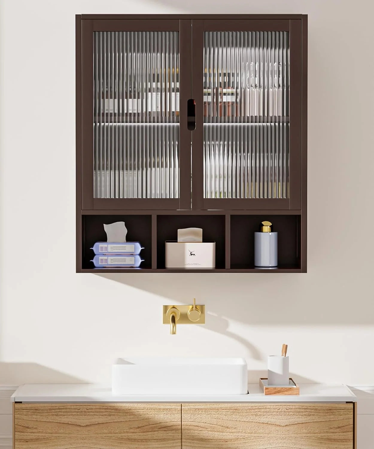 Bathroom Wall Cabinet with 2 Frosted Door,Bamboo Medicine Organizer with Open Compartment,Over The Toilet Storage Shelf Space Saver (Brown)