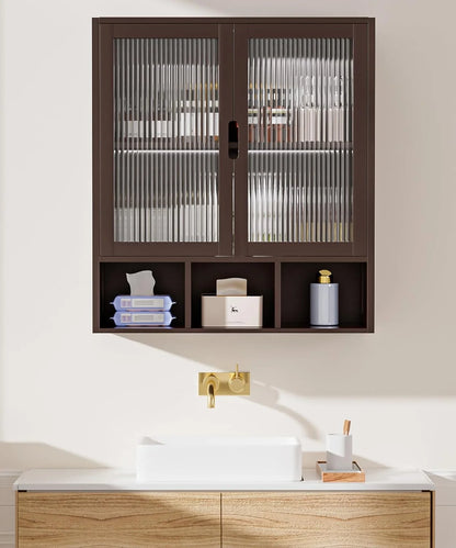 Bathroom Wall Cabinet with 2 Frosted Door,Bamboo Medicine Organizer with Open Compartment,Over The Toilet Storage Shelf Space Saver (Brown)