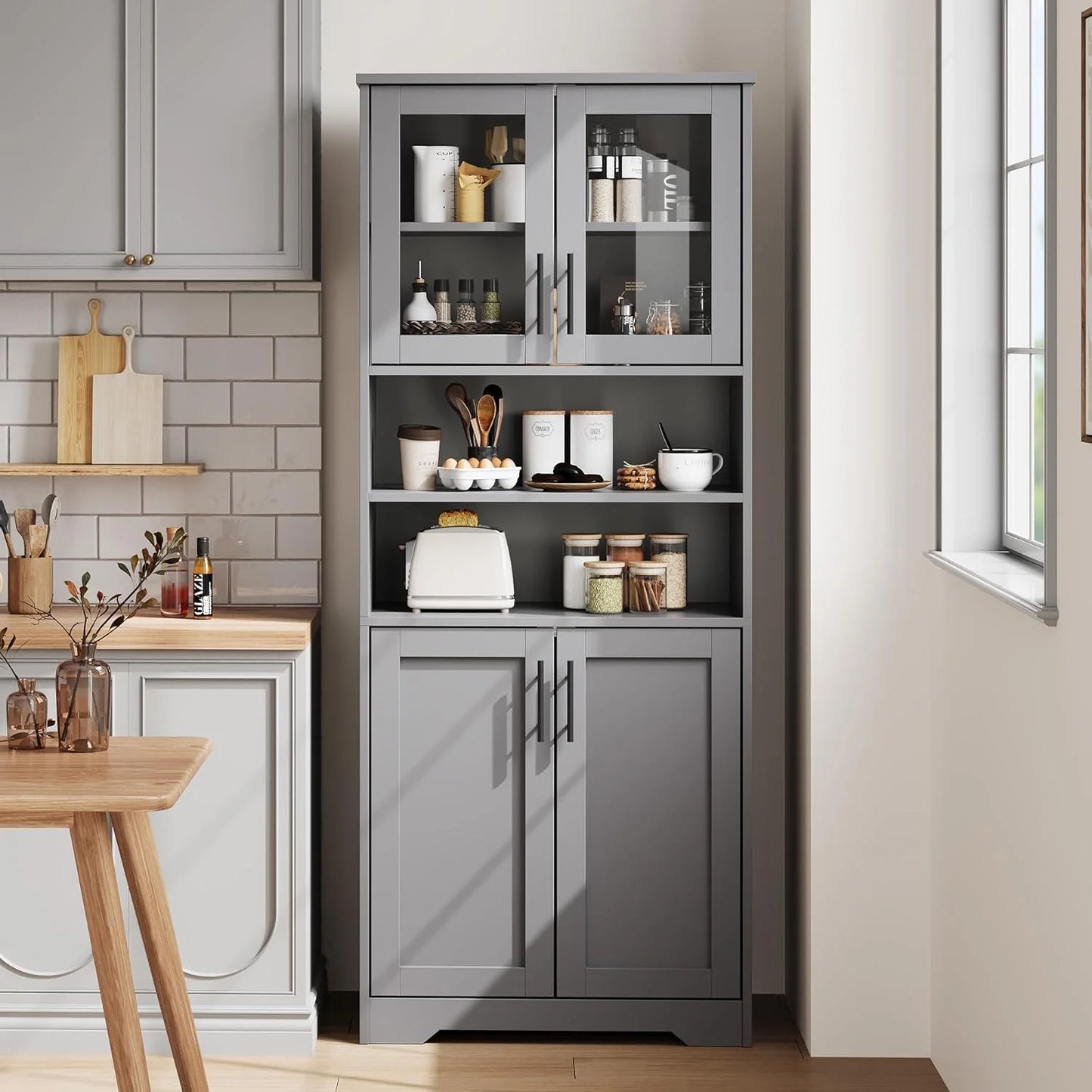 Studyset Tall Bathroom Cabinet, Freestanding Bathroom Storage Cabinet with Glass Doors and Adjustable Shelves, 67" Cupboard Modern Storage Cabinet for Kitchen, Pantry, Living Room