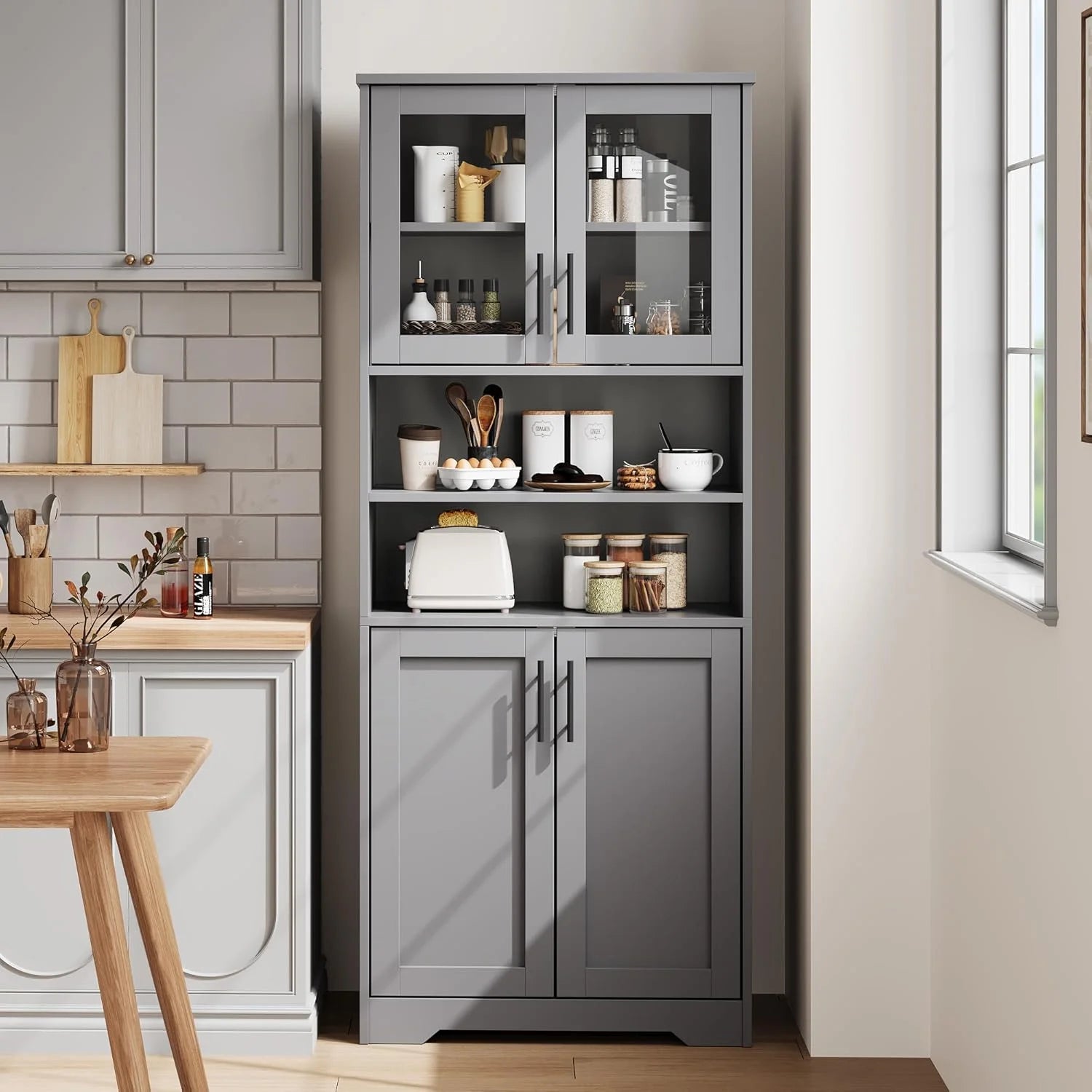 Studyset Tall Bathroom Cabinet, Freestanding Bathroom Storage Cabinet with Glass Doors and Adjustable Shelves, 67" Cupboard Modern Storage Cabinet for Kitchen, Pantry, Living Room