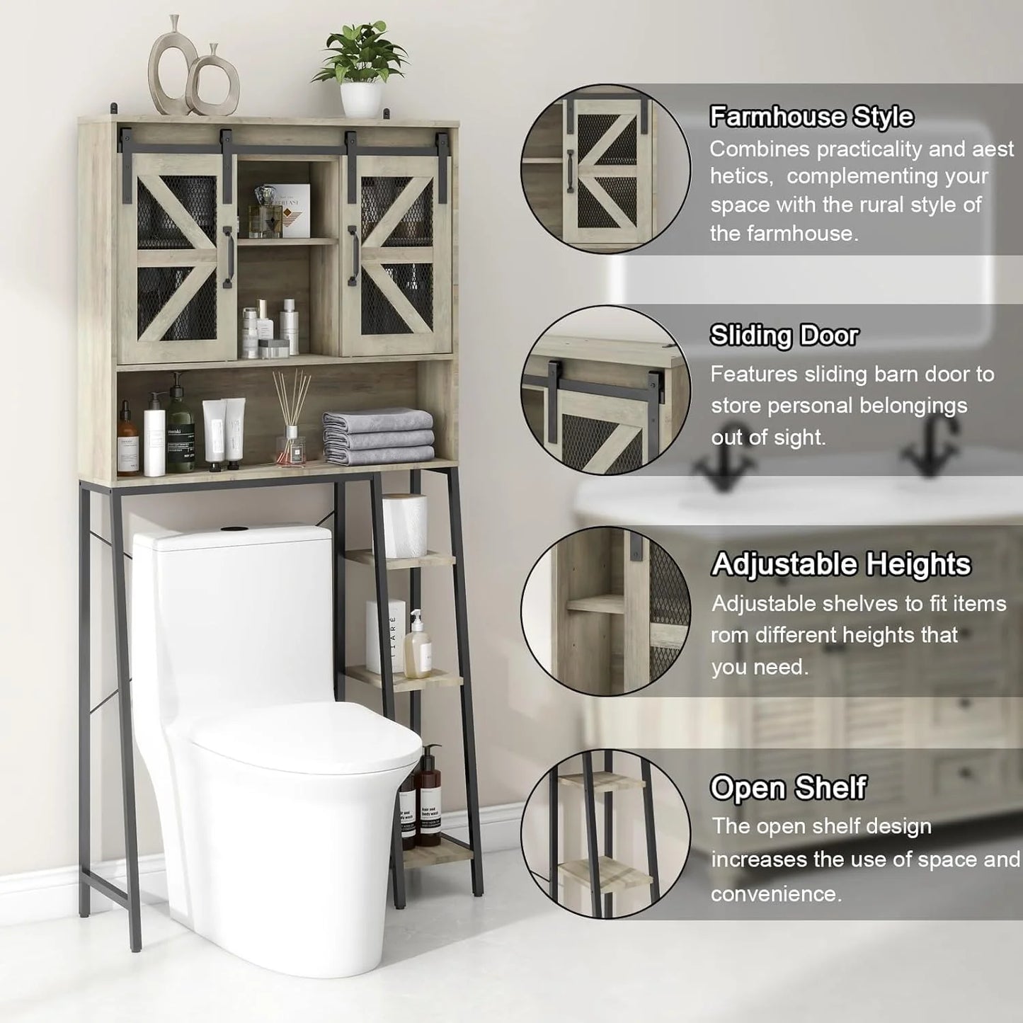 Vabches Over The Toilet Storage Cabinet with Toilet Paper Holder Stand, Above Toilet with Adjustable Shelf & 2 Doors