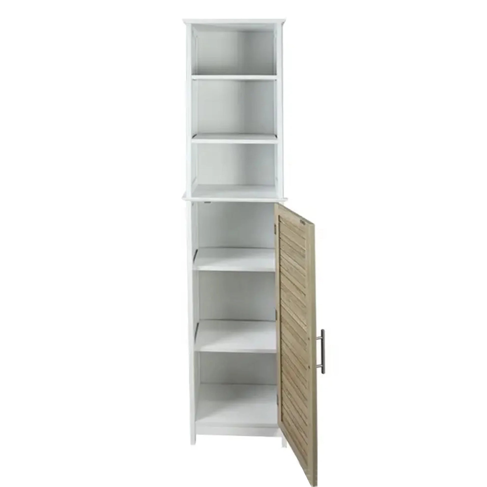 Tall Bathroom Storage Cabinet with Open Shelves and Vented Door, Slim Linen Cabinet for Compact Bathroom Organization, White and Oak Finish - Stockholm Collection