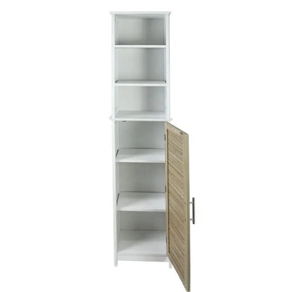 Tall Bathroom Storage Cabinet with Open Shelves and Vented Door, Slim Linen Cabinet for Compact Bathroom Organization, White and Oak Finish - Stockholm Collection