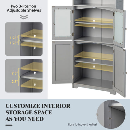 Gymax Bathroom Tall Storage Cabinet Linen Tower w/Glass Door & Adjustable Shelf Grey