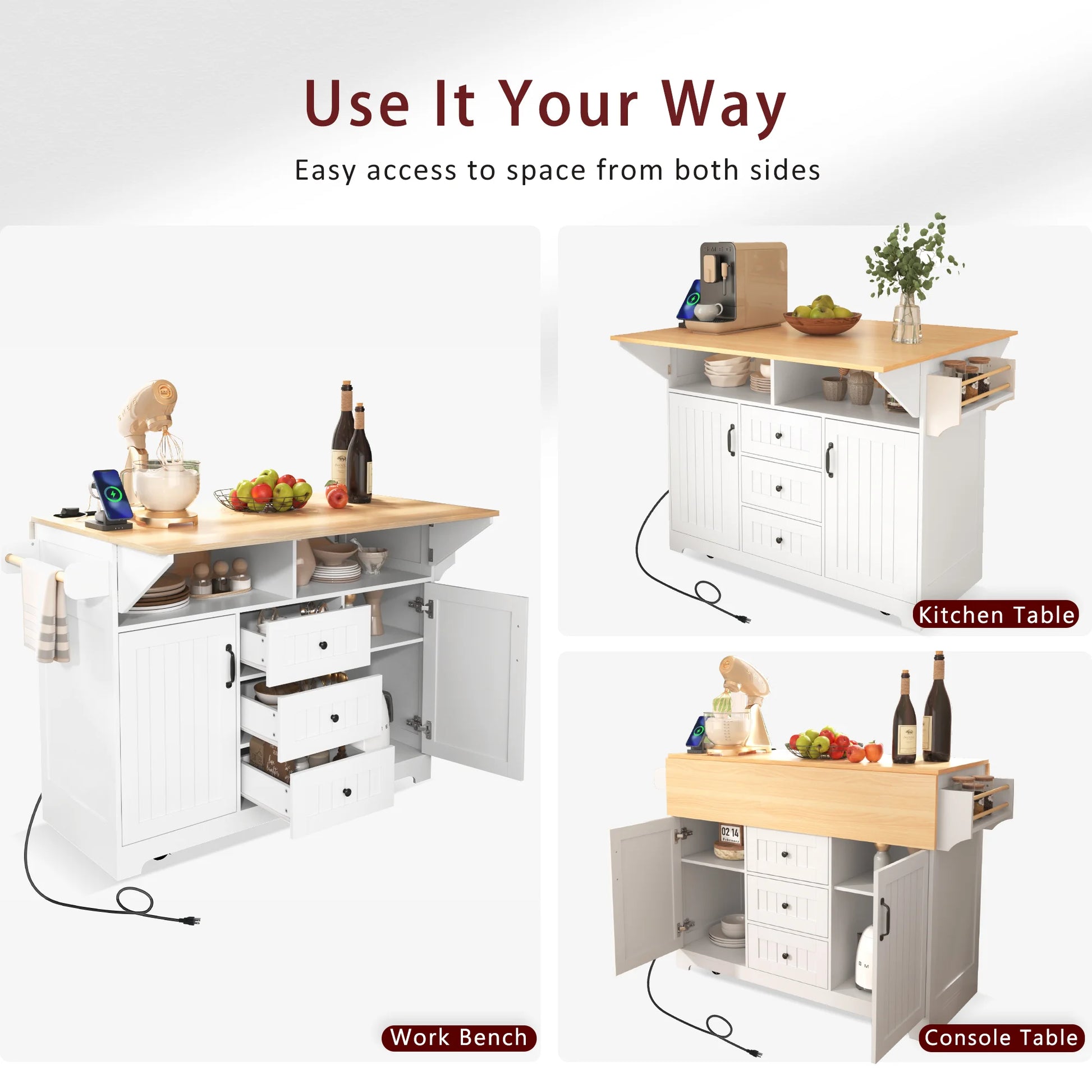 Yoneston 55.7" Kitchen Island with Drop Leaf and Power Outlet, Rolling Kitchen Cart with Spice Towel Rack, Folding Storage Dining Table with 3 Drawers 2 Doors for Kitchen Dining Room, White