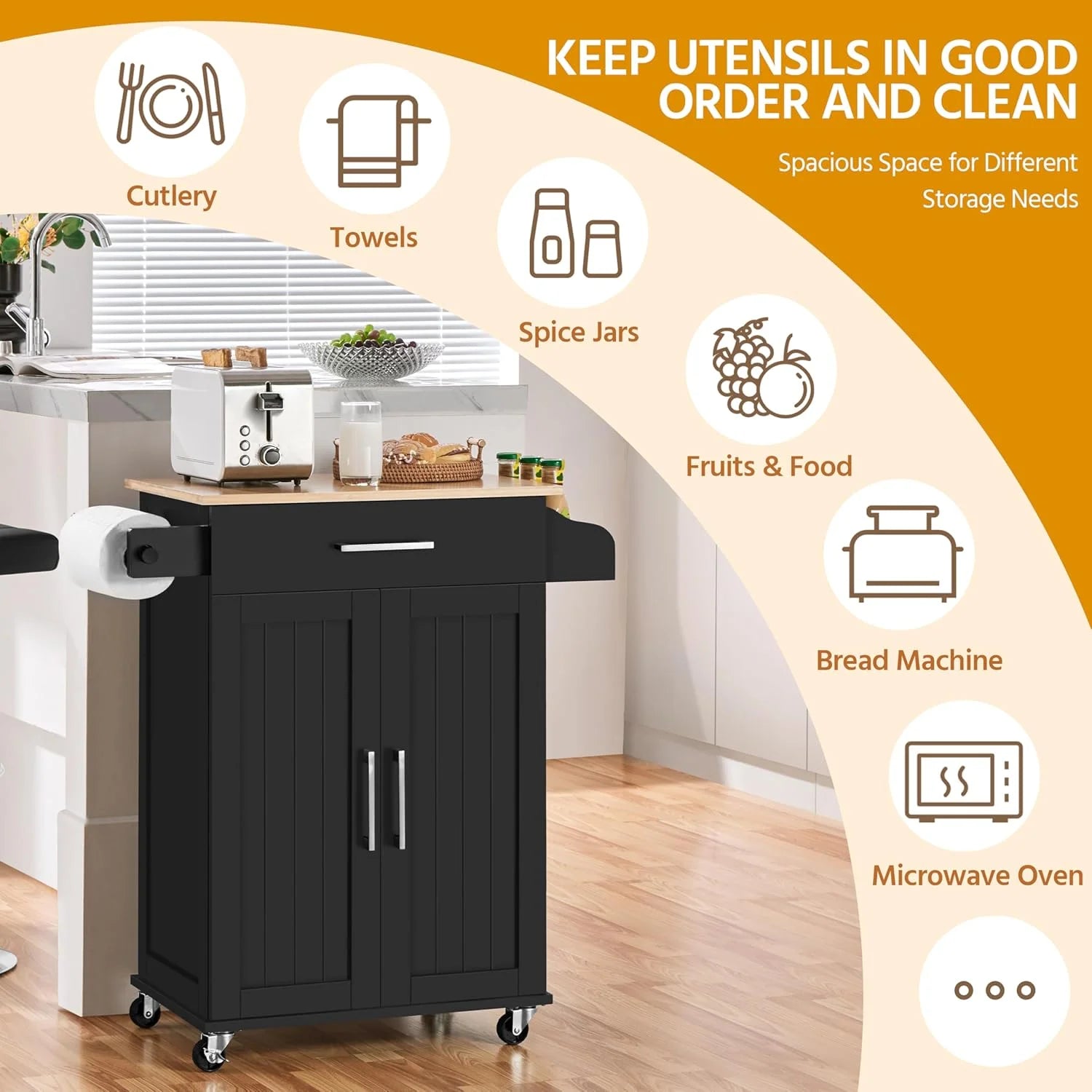 HXYHJ Kitchen Island on Wheels with Storage Cabinet, Rolling Kitchen Cart with Bamboo Top & Drawer & Spice Rack Towel Bar, Microwave Stand Cart for Kitchen/Dining Room, Black