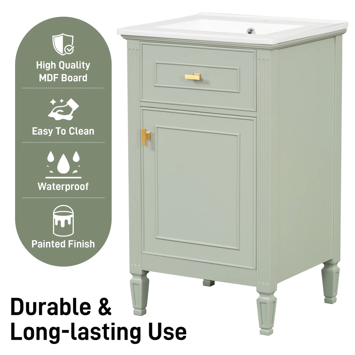 Euroco 20" Bathroom Vanity with Integrated Ceramic Sink, Soft-Close Hinges and Drawer Storage, Solid Wood Legs