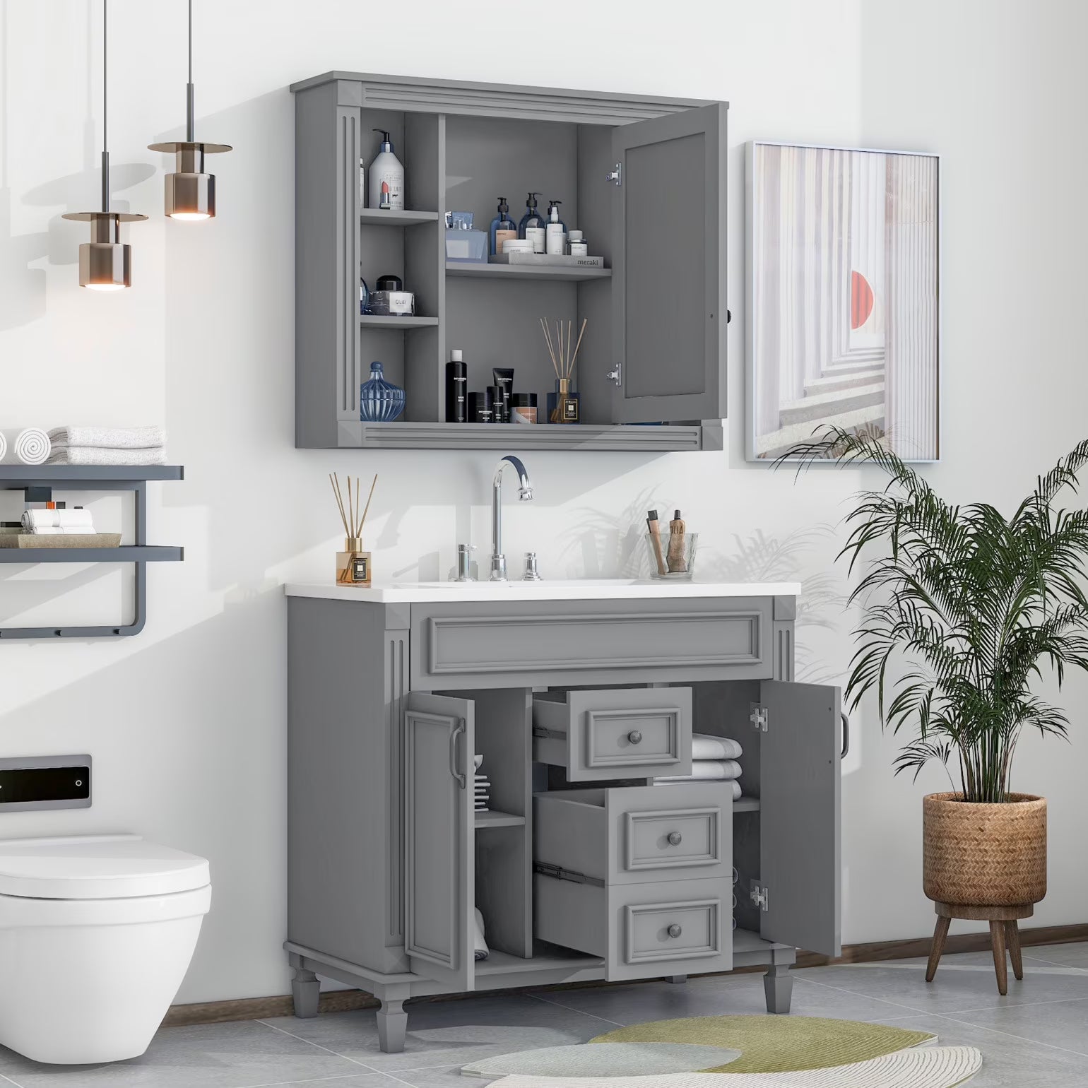 Modern Bathroom Furniture Set, 36" Bathroom Vanity with Top Sink, 35" Wall Mounted Bathroom Storage Cabinet, Mirror Cabinet with 6 Shelves, Storage Cabinet with 2 Doors and 2 Drawers, Grey