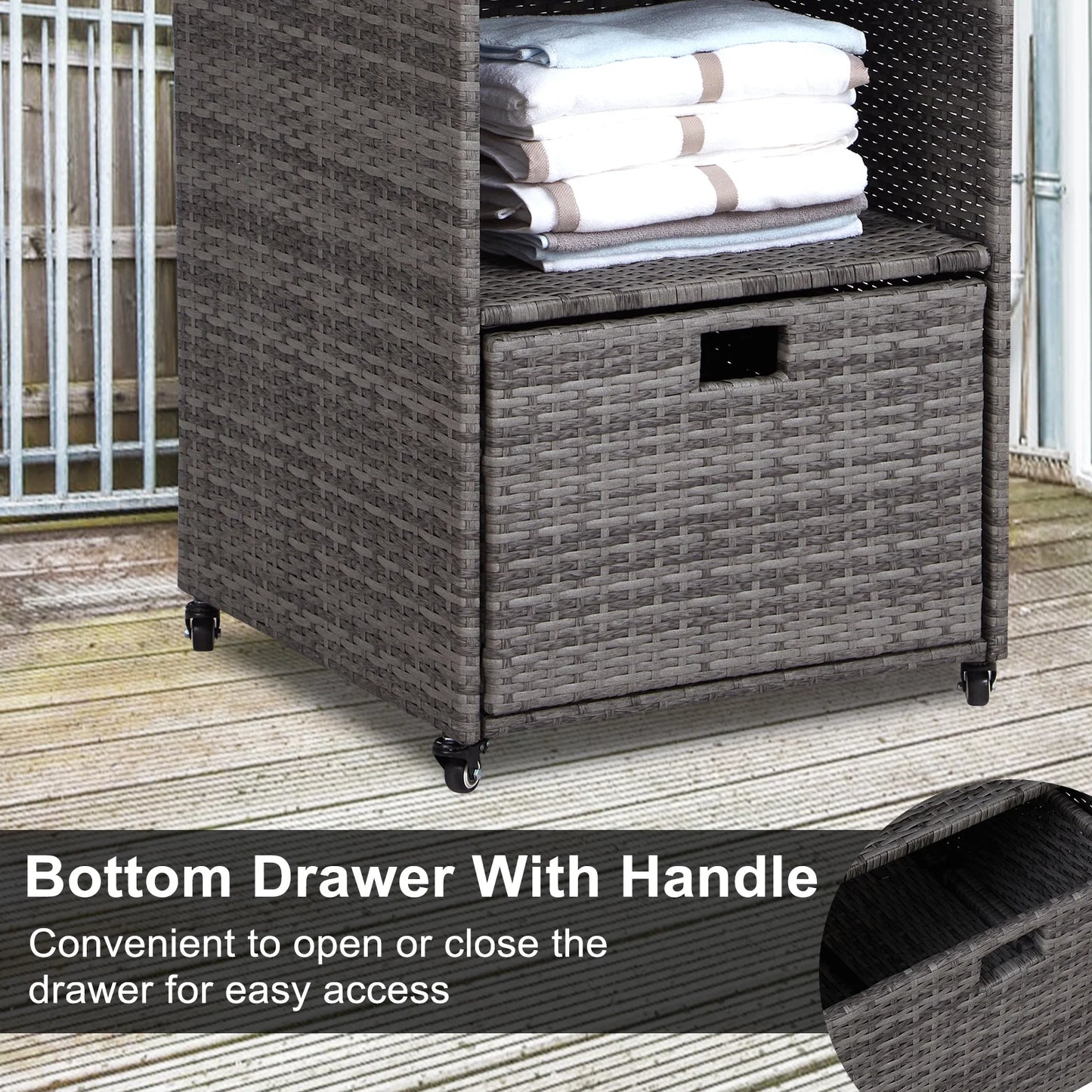 Kinbor Outdoor Pool Towel Rack, Waterproof PE Rattan Storage Cabinet Organizer with 2 Storage Shelves & 1 Bottom Drawer, Gray