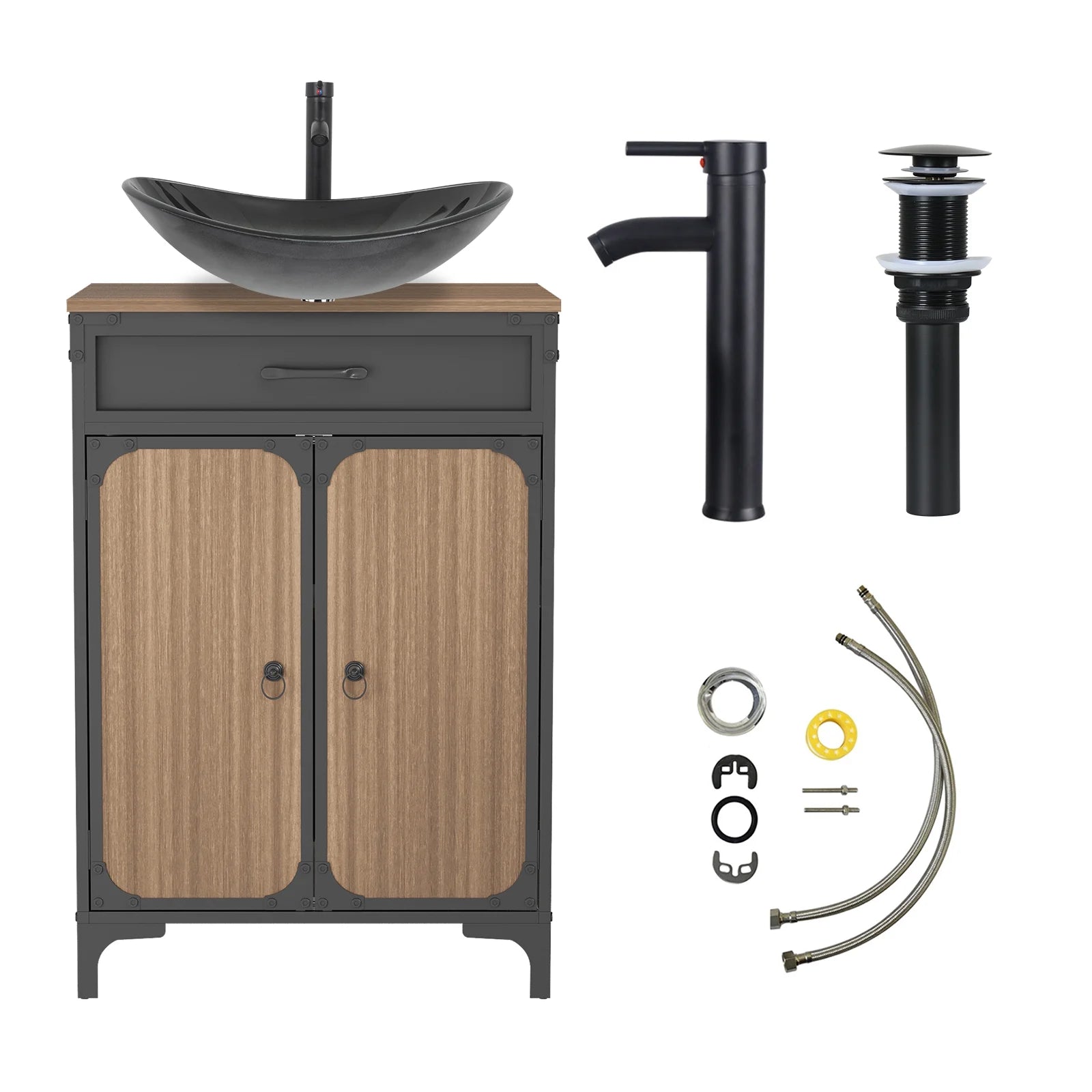 PULUOMIS Bathroom Vanity, 30" Bathroom Vanity with Sink Combo Set, Brown Modern Wood Bathroom Cabinet with Black Ceramic Bathroom Sink