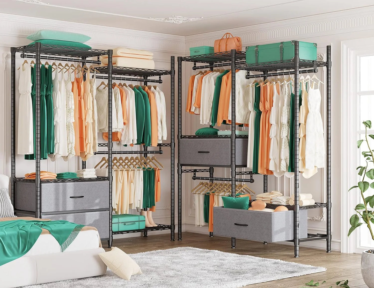 EnHomee Clothing Rack Heavy Duty Clothes Rack with 2 Drawers Adjustable Metal Wardrobe Organizer,620lbs Load Capacity