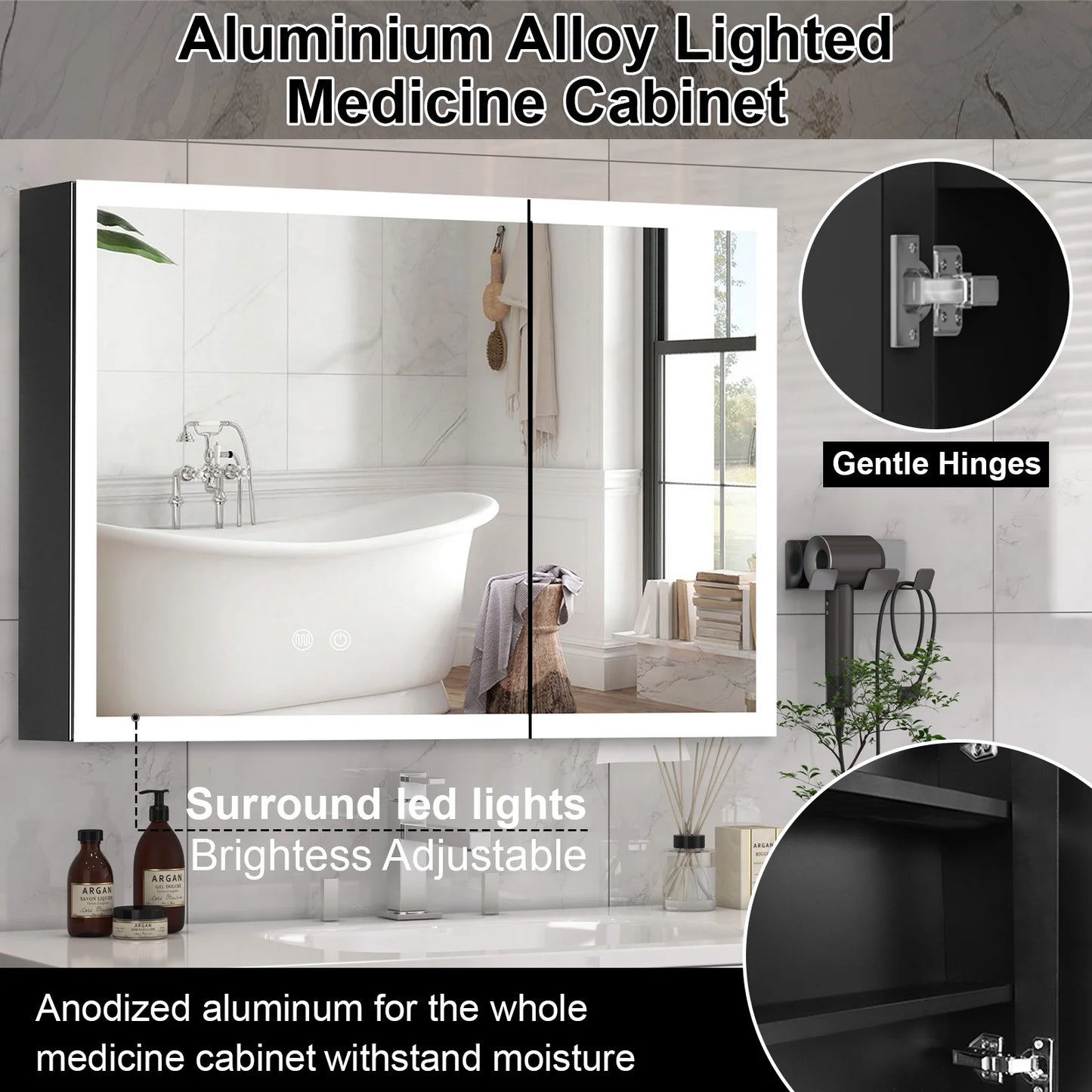 JBLCC LED Lighted Medicine Cabinet with Mirror, Wall Mounted Bathroom Cabinet with Touch Sensor, Anti-Fog, Black