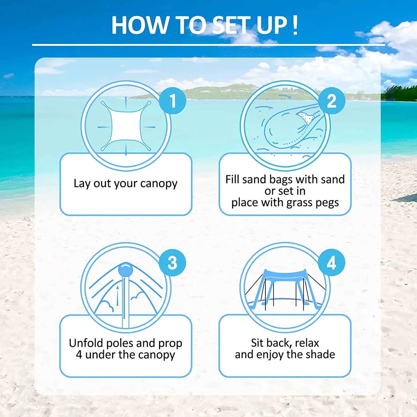 Beach Canopy Beach Tent 11X11 FT Include Beach Blanket Beach Shade Canopy UPF50+ Sun Protection Windproof Ropes 4 Poles Carry Bag Easy to Set Up for Outdoor Camping