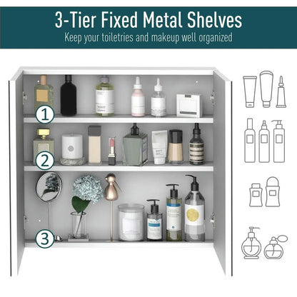 Barara King Bathroom Mirrored Cabinet, 24"x22" Steel Frame Medicine Cabinet, Wall-Mounted Storage Organizer with Double Doors, White