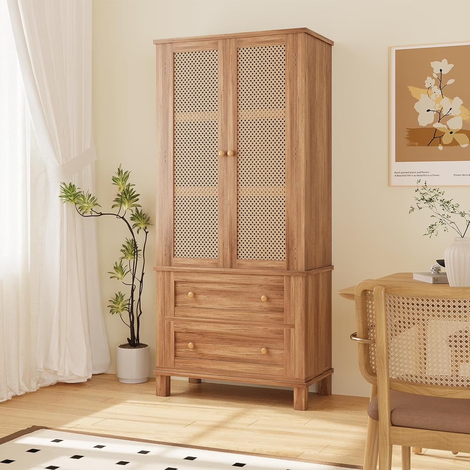 Kitchen Pantry Storage Cabinet with 2 Rattan Doors and 2 Adjustable Shelves, 64" Tall Farmhouse Food Pantries Cabinet for Living Room, Dining Room, Bathroom