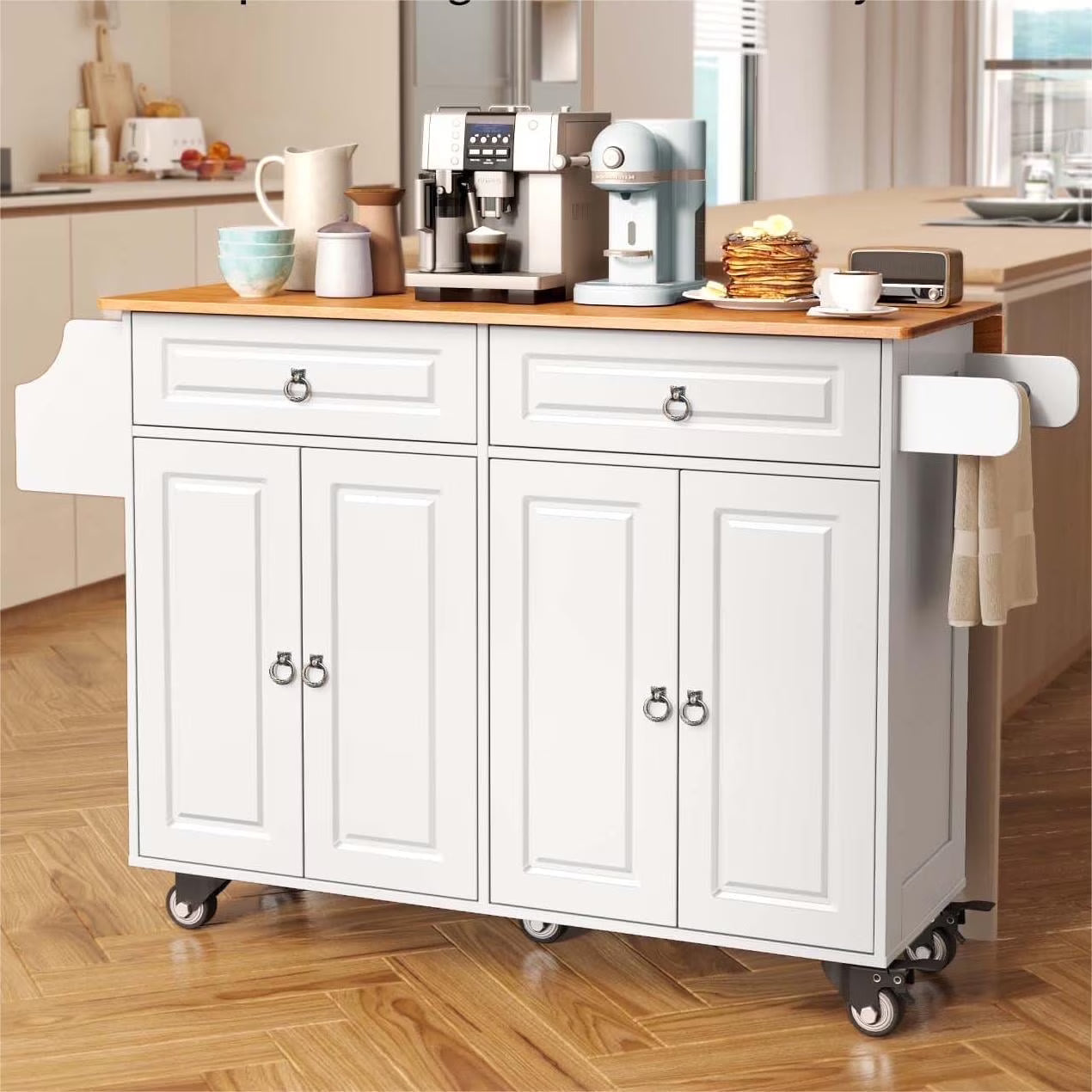 Lofka Kitchen Islands Carts with Storage, 52° kitchen Islands with 2 Storage Cabinet, Spice Rack, Towel Rack, Brown