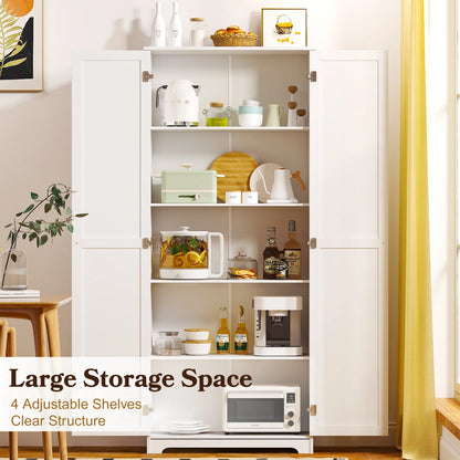 UBesGoo 72" Traditional Freestanding Kitchen Pantry Cabinet Wardrobe Armoire with 4 Adjustable Shelves, White