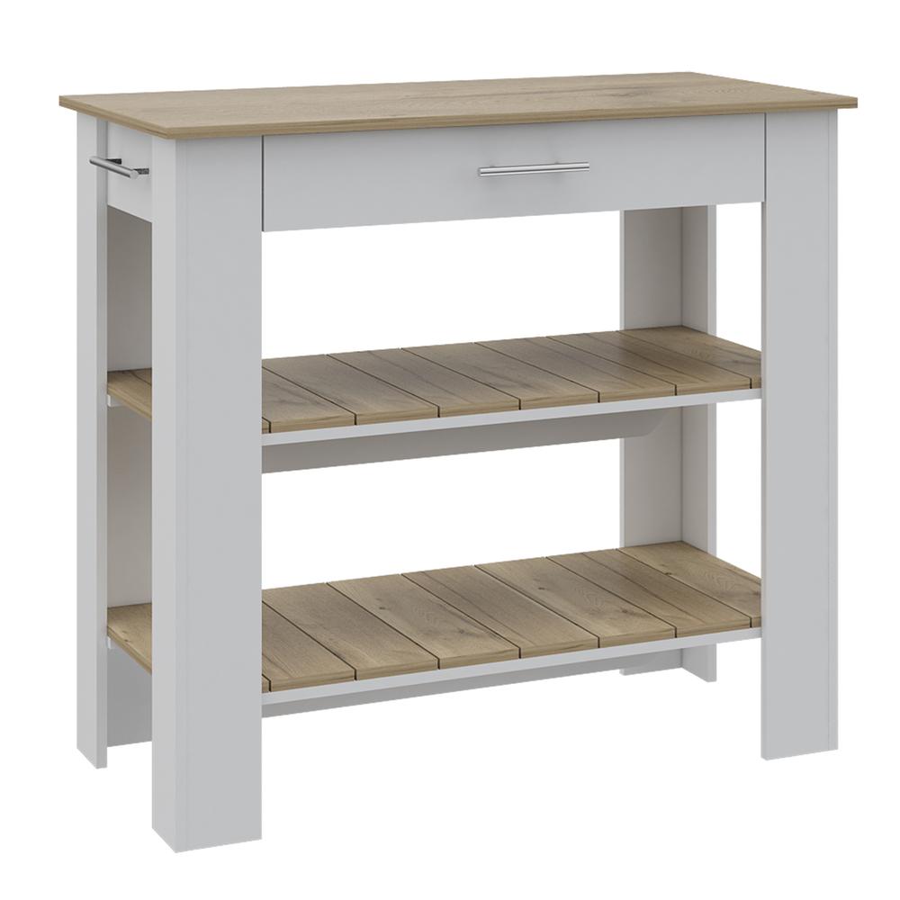 Depot E-Shop Delos 40 Kitchen Island with 2 Shelves, Drawer, 4 Legs, and Towel Rack, Black/Light Oak