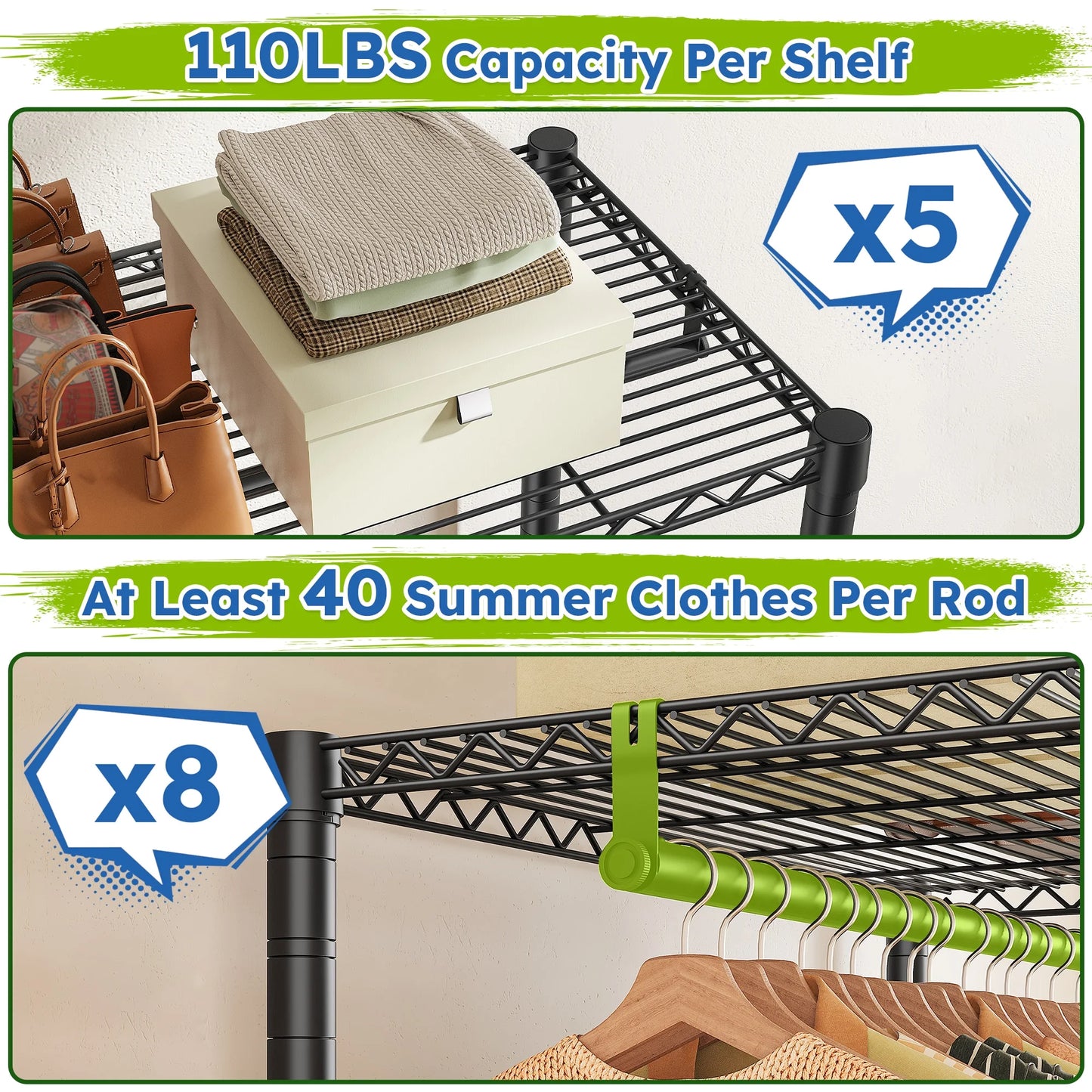 EnHomee Heavy Duty Clothes Rack with 5 Hanging Rods & 8 Shelves,Max Load 905 LBS Adjustable Metal Wardrobe Closet Organizer,Black
