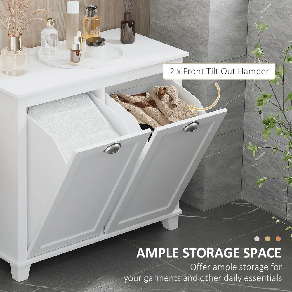 Resenkos Bathroom Floor Cabinet,Bathroom Storage Cabinet with 2-Compartment Hamper, Modern Bathroom Floor Cabinet for Washroom, White