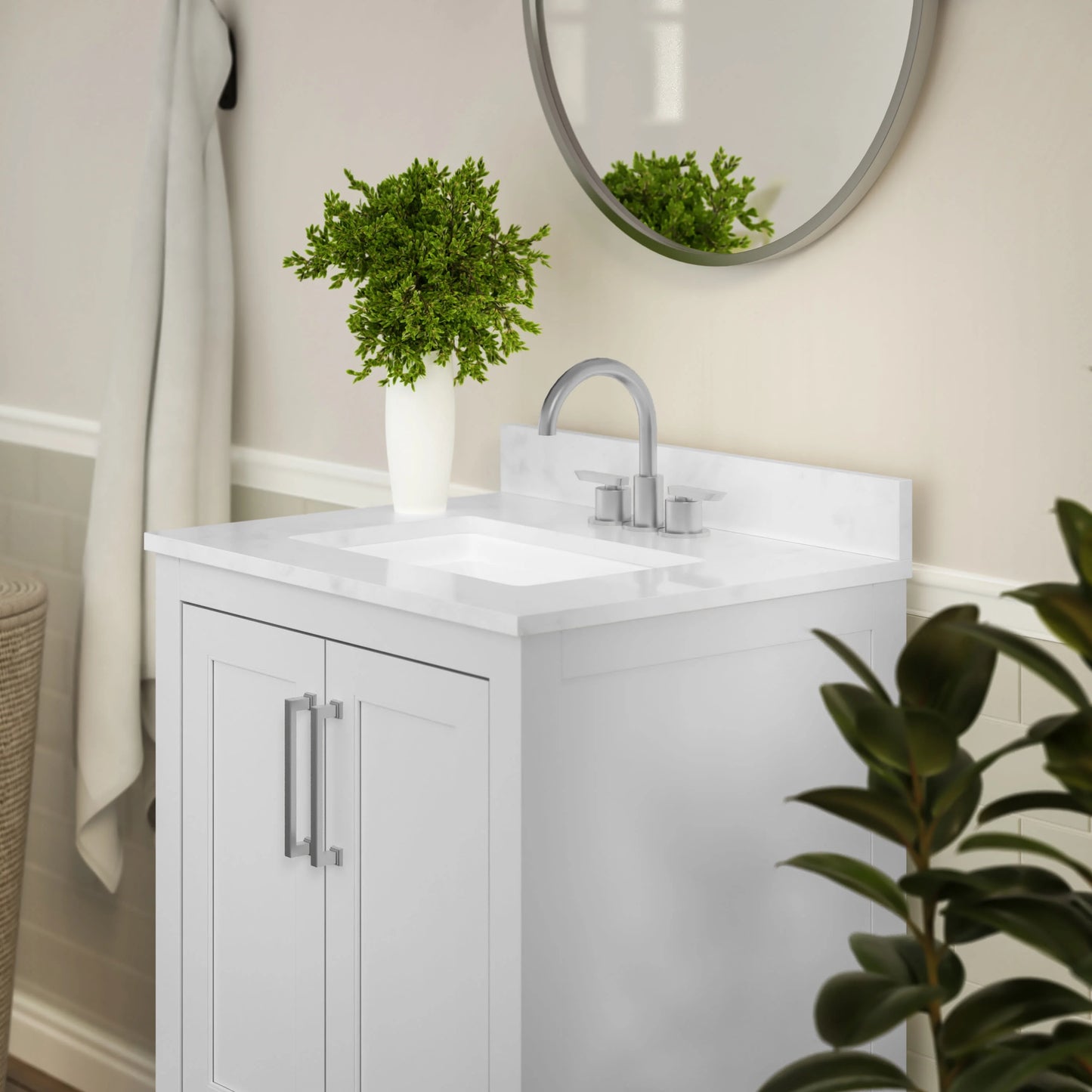 BizChair 24 Inch Bathroom Vanity with Sink Combo, Storage Cabinet with Soft Close Doors and Open Shelf, Carrara Marble Finish Countertop, White/White