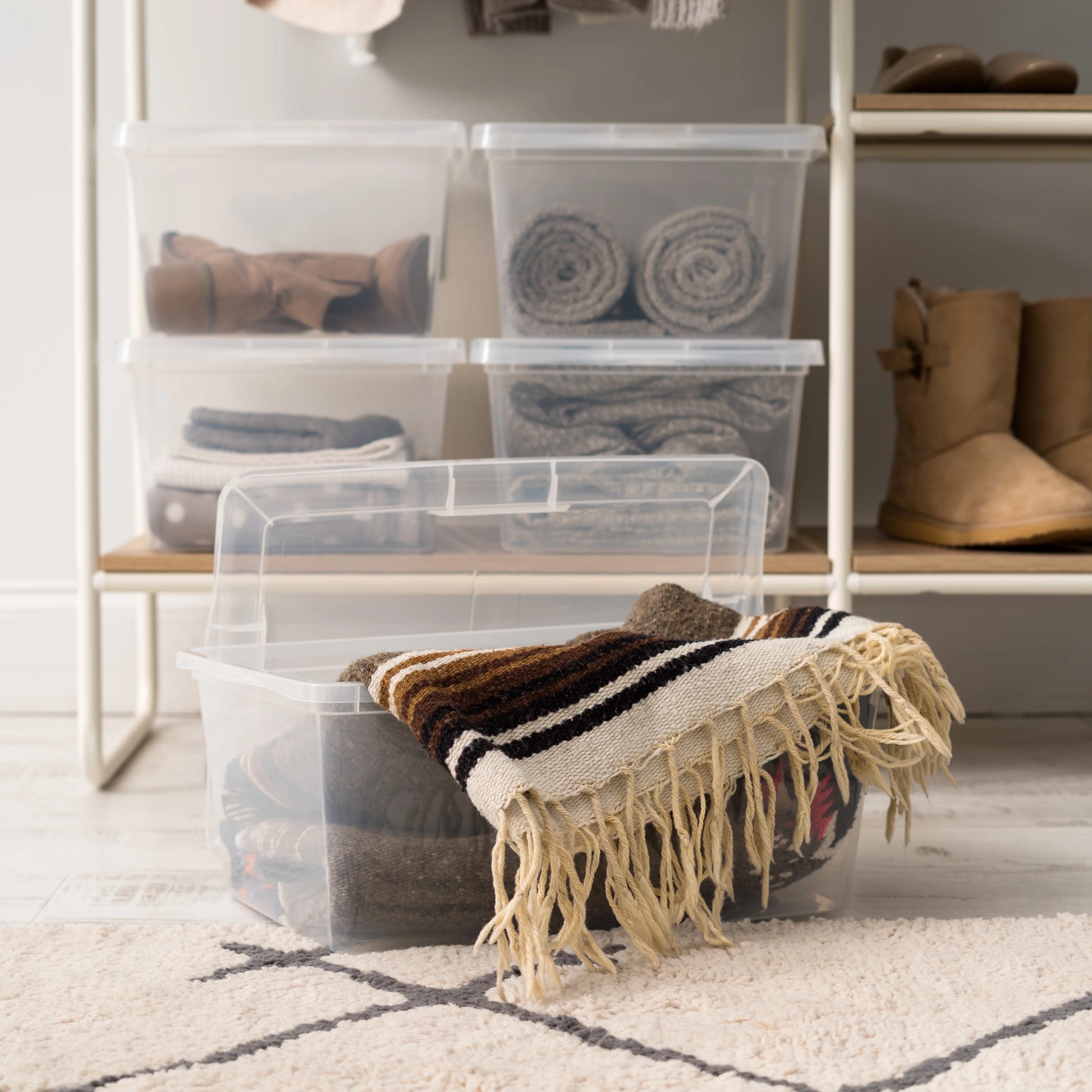 IRIS USA 58 Qt Clear Storage Box, BPA-Free Plastic Stackable Bin with Lid, Containers to Organize Closet Shelves, Clothes, Blankets, Towels, 6 Pack