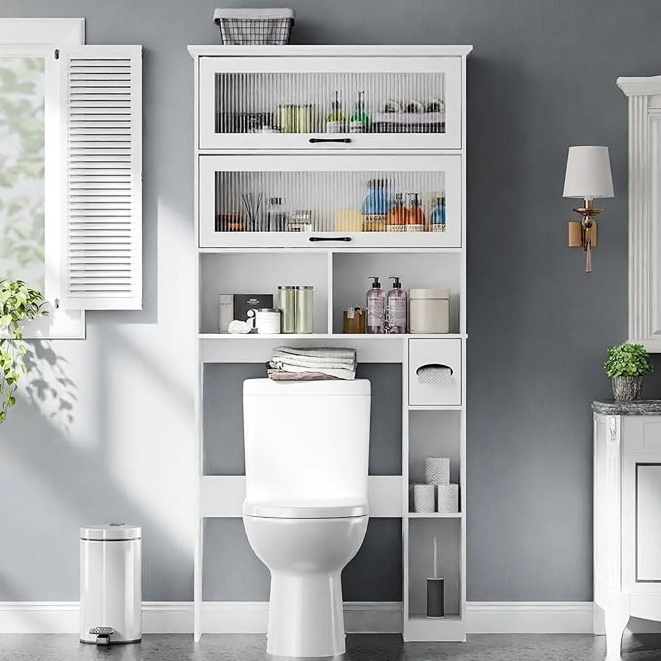 Over The Toilet Storage Cabinet with Transparent Door, Toilet Paper Storage Cabinet with Multi Layer Shelves Suitable for Bathroom, Laundry Room, Freestanding Bathroom Storage Rack,Brown