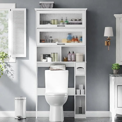 Over The Toilet Storage Cabinet with Transparent Door, Toilet Paper Storage Cabinet with Multi Layer Shelves Suitable for Bathroom, Laundry Room, Freestanding Bathroom Storage Rack,Brown