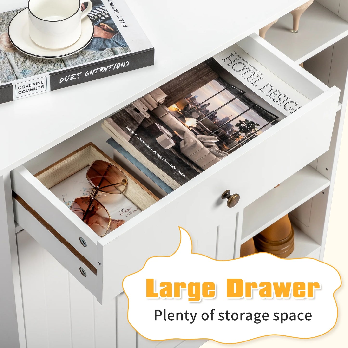 Zimtown Wooden 2-Door Bathroom Cabinet Storage Organizer with 2 Shelves& 1 Drawer & Three-layer Side Rack, White