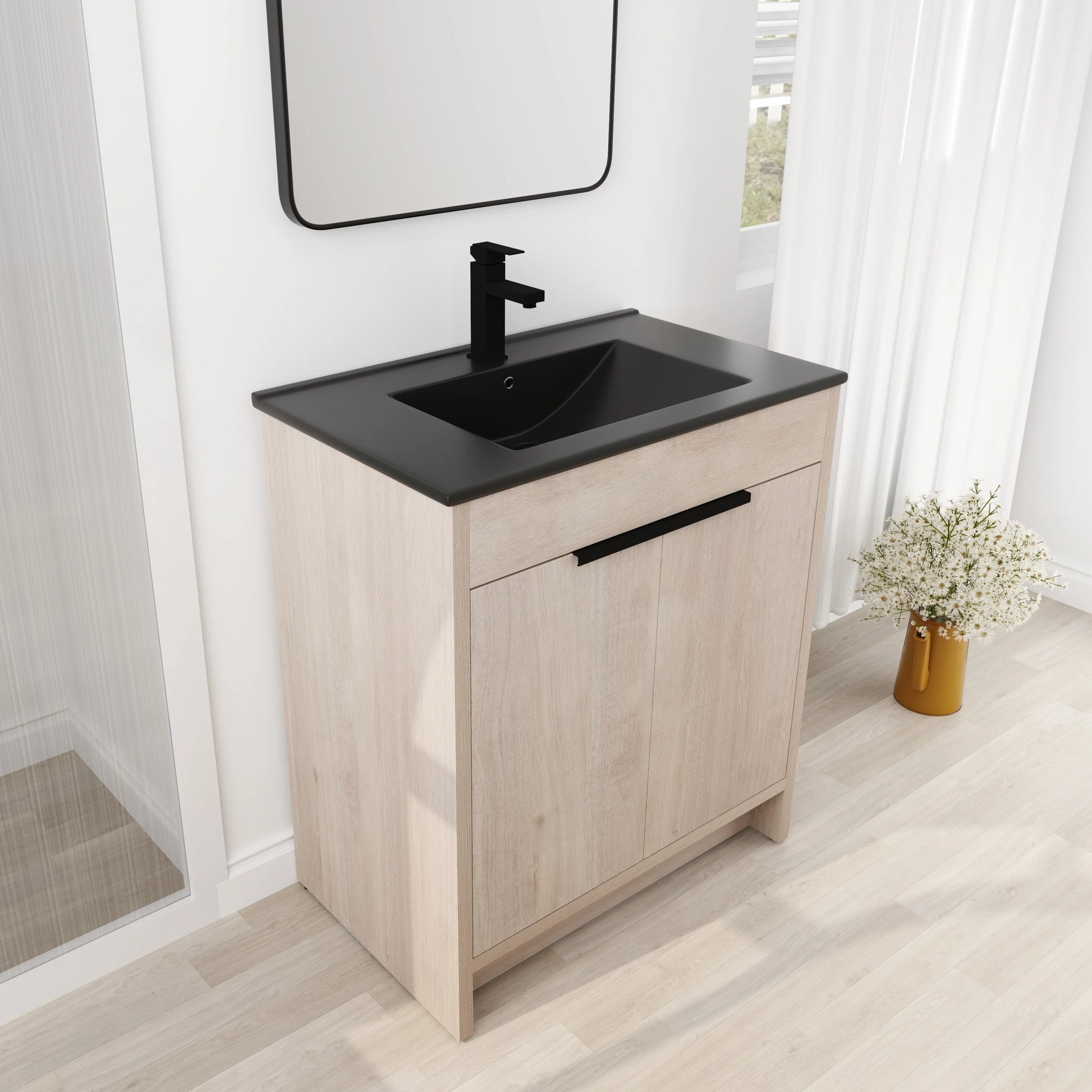 Holaki 30 Inch Freestanding Bathroom Vanity with Black Ceramic Sink & 2 Soft-Close Cabinet Doors, Plain Light Oak
