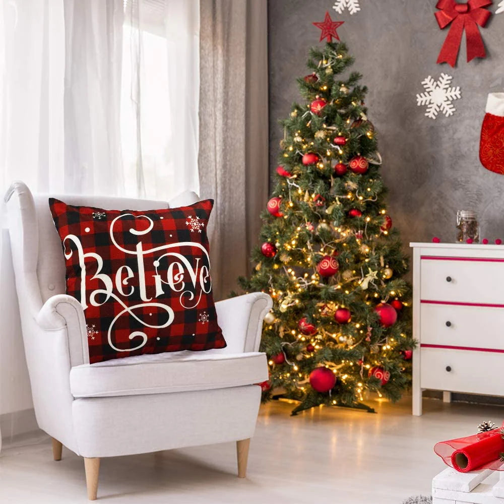 DecorX Christmas Pillow Covers 18x18 Set of 4 Farmhouse Black and Red Buffalo Check Plaid Throw Pillow Covers Outdoor Rustic Linen Pillow Case for Sofa Couch Christmas Decorations