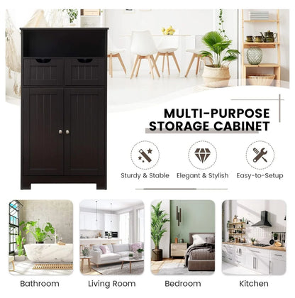 Freestanding Wooden Storage Cabinet with 2 Drawers & Adjustable Shelf for Bathroom, Living Room, Bedroom, Kitchen - Brown
