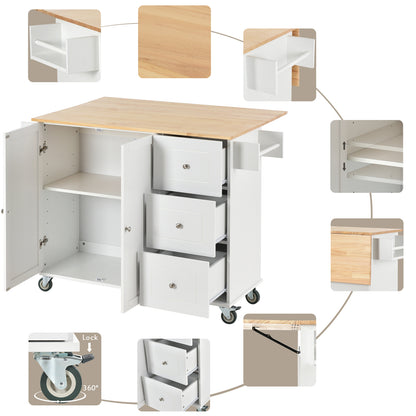 Kitchen Island Cart, Drop Leaf Kitchen Island on Wheels with Spice Rack, Towel Rack and 3 Drawers, Rolling Mobile Kitchen Island with Storage Cabinets and Solid Wood Top, White