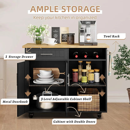 Sobaniilo Kitchen Island Cart with Storage, Rolling Side Table with Large Worktop, Towel Rack, Black