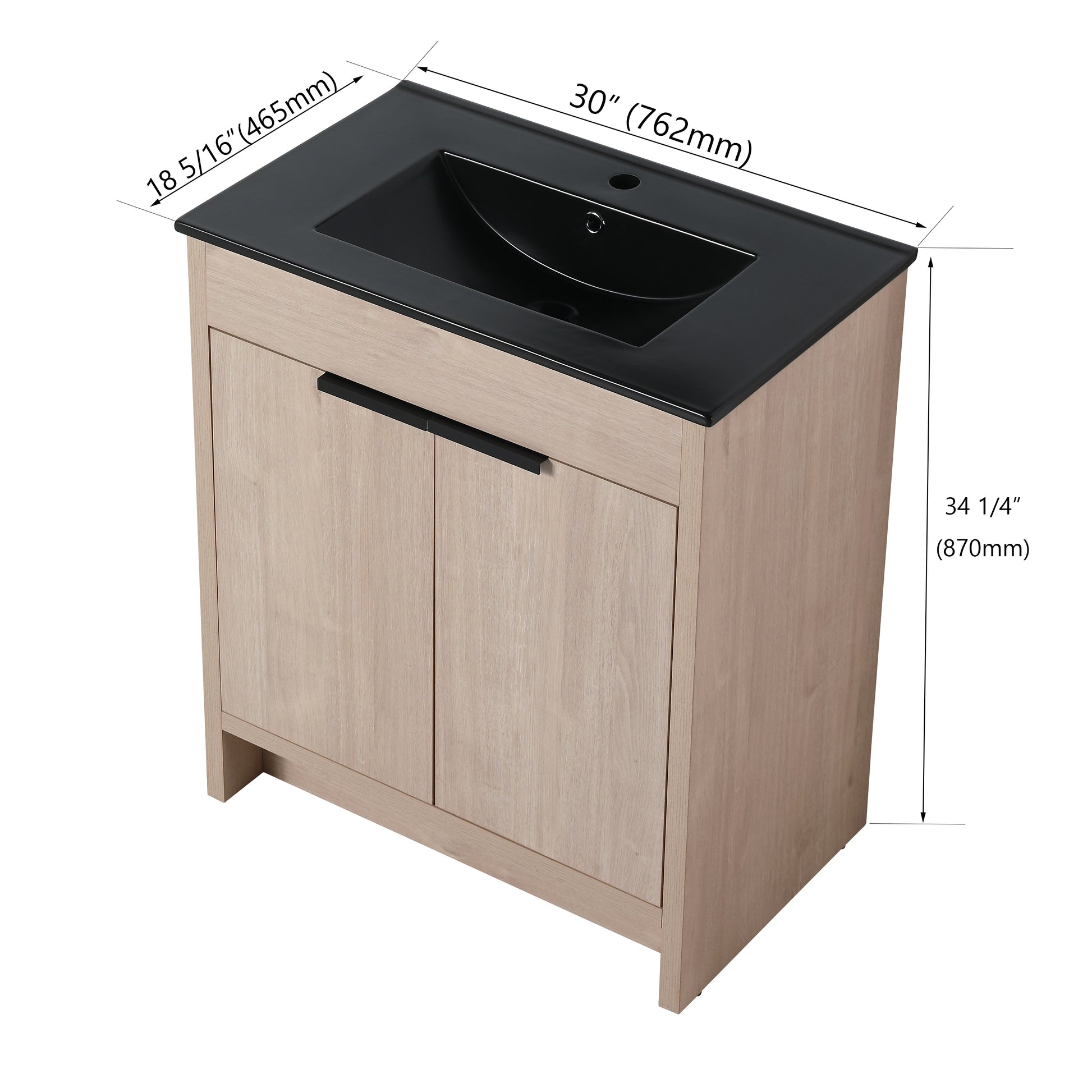 Holaki 30 Inch Freestanding Bathroom Vanity with Black Ceramic Sink & 2 Soft-Close Cabinet Doors, Plain Light Oak