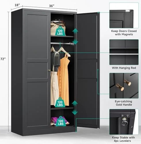 Metal Wardrobe Cabinet with Hanging Rod,Black Armoire Wardrobe Closet,Metal Clothing Storage Cabinet with Adjustable Shelves and Doors,72" Cloth Storage Cabinets for Home,Living/Laundry Room