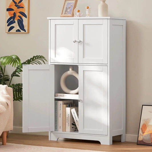 Bathroom Floor Storage Cabinet, Freestanding Bathroom Storage Unit with 2 Adjustable Shelves & 4 Doors, 11.8 x 23.6 x 42.7 Inches, White