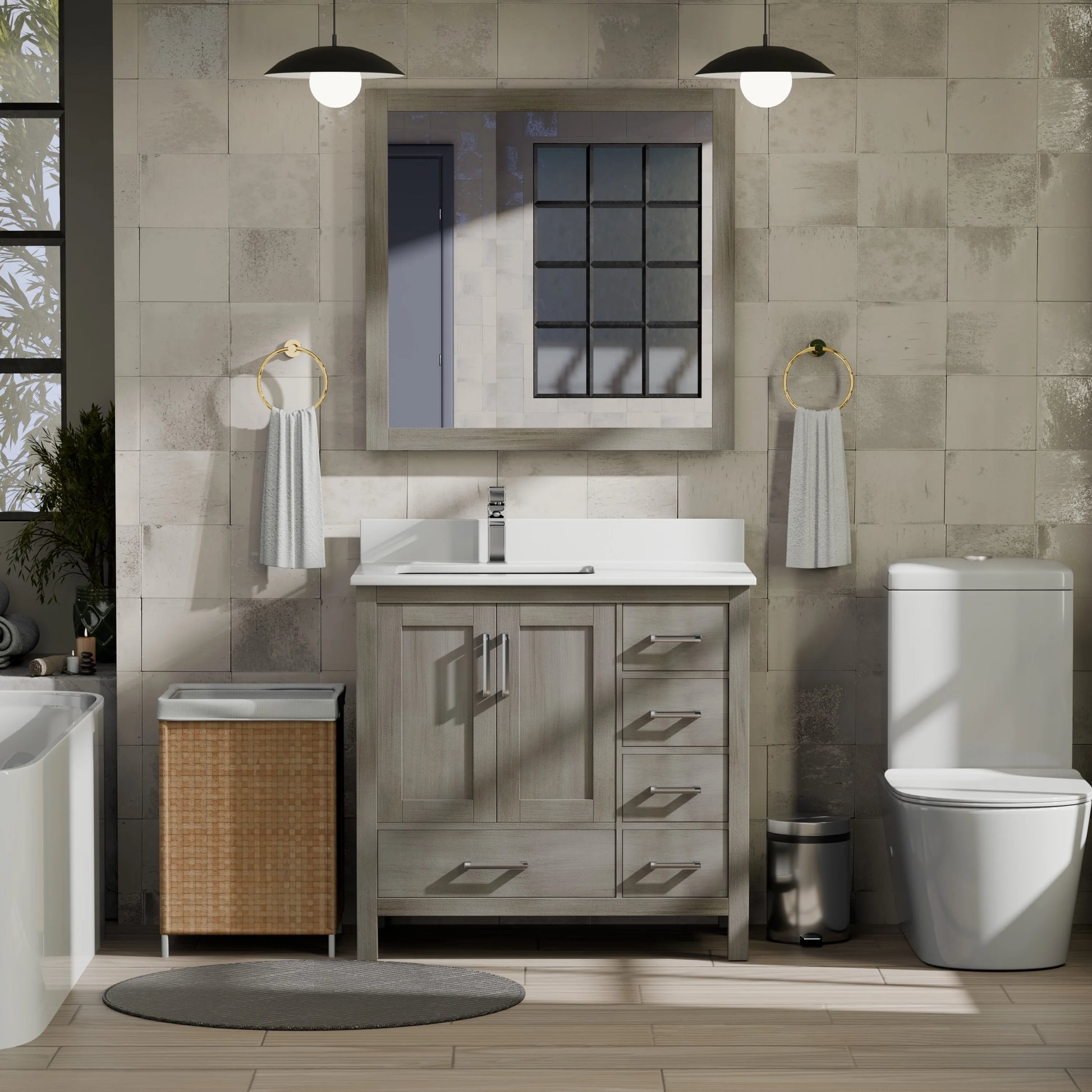 Jacques 36 in. W Left Offset Distressed Grey Bath Vanity and Cultured Marble Top