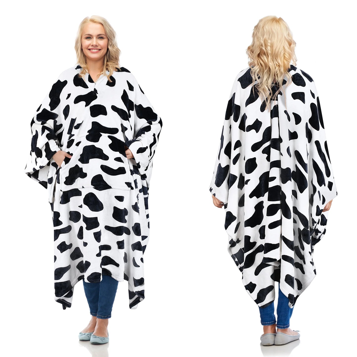 Catalonia Fleece Wearable Blanket Poncho for Adult Women Men, Wrap Blanket Cape with Pocket | Warm, Soft, Cozy, Snuggly, Comfort Gift, No Sleeves | All-Season, Cow