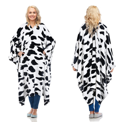 Catalonia Fleece Wearable Blanket Poncho for Adult Women Men, Wrap Blanket Cape with Pocket | Warm, Soft, Cozy, Snuggly, Comfort Gift, No Sleeves | All-Season, Cow