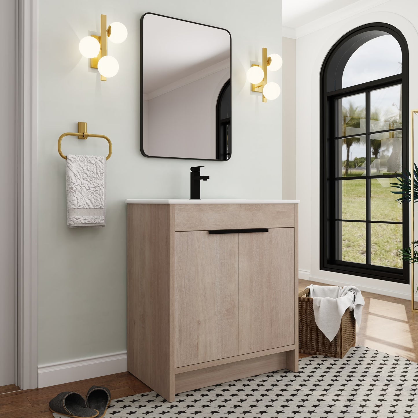 BNK 24/30/36 inch Freestanding Single Sink Bathroom Vanity with Soft Close Door and 1 adjustable shelf 24"W x 18.3"D x 35"H - Plain Light Oak