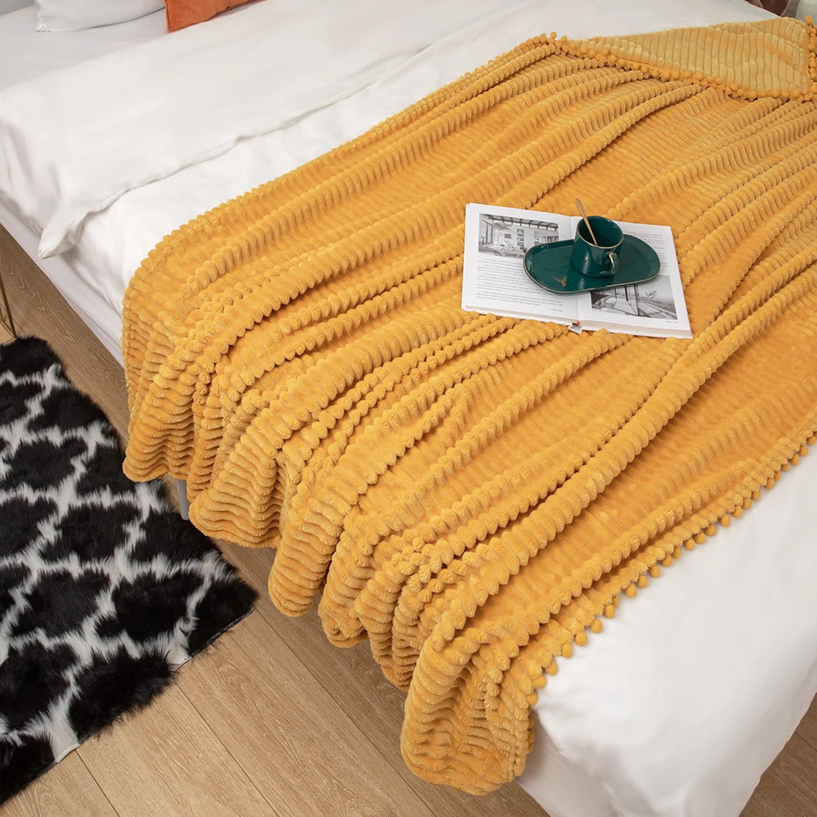 DISSA Flannel Fleece Blanket Soft Large Throw Blanket with Pompom Fringe Lightweight Cozy Plush Blanket Fit Sofa Bed(Mustard Yellow,51x63")