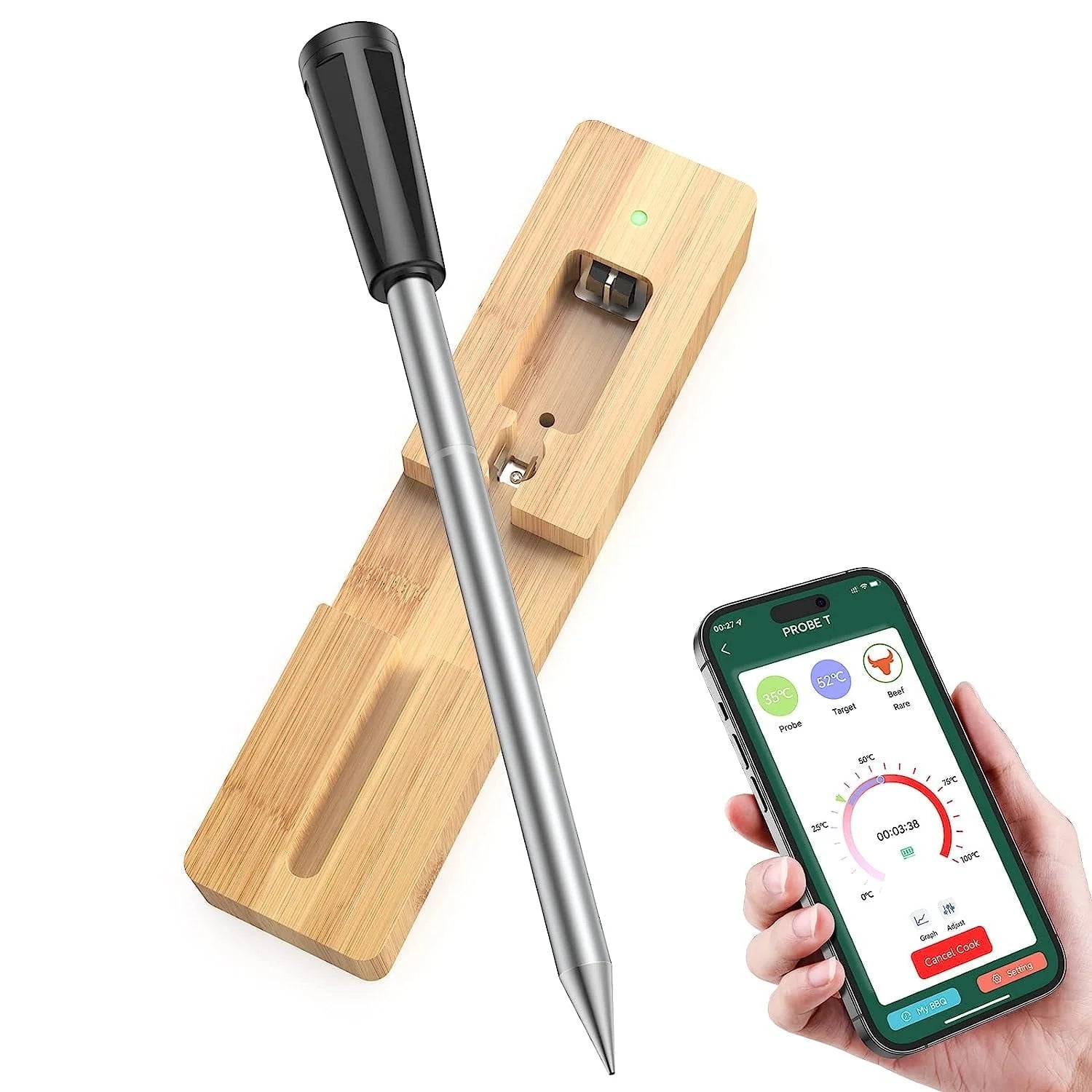 Smart Wireless Meat Thermometer with Bluetooth, delpattern Food Thermometer with Temperature Probe, APP Control, BBQ Grill Thermometer for Grilling