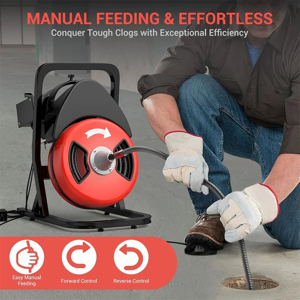 50FTx1/2 Inch Drain Cleaner Machine, Sewer Snake Electric Drain for 2" to 4" Pipes, Plumbing Snake Auger Cleaner with Wheels & 4 Cutter & Foot Switch for Sewer, Sink, Toilet, Bathroom and Shower