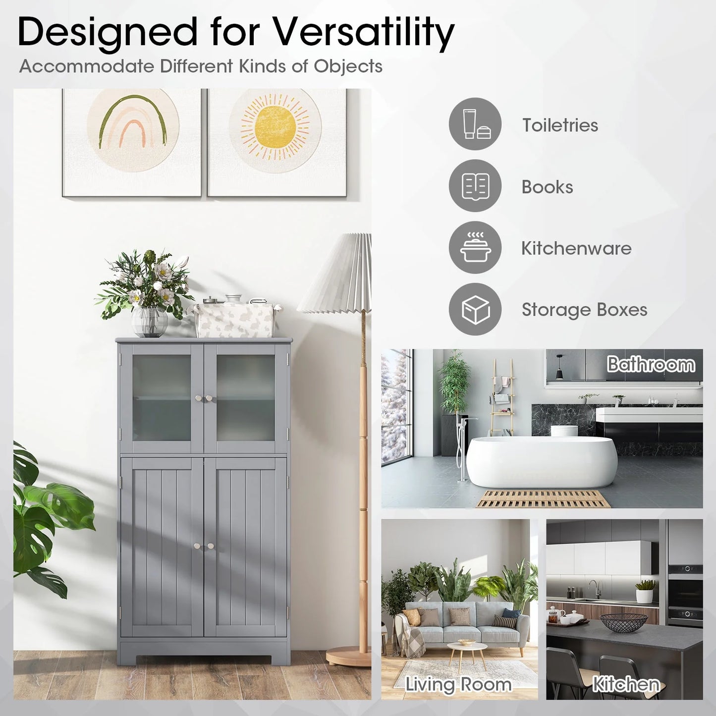Topbuy Bathroom Storage Cabinet Freestanding Storage Cabinet w/4 Doors Wooden Kitchen Cupboard w/Adjustable Shelf