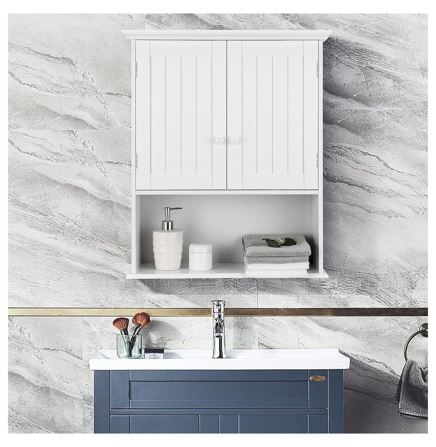 Ditangy Wall Mounted Bathroom Cabinet, Over The Toilet Storage Cabinet w/Double Doors & Adjustable Shelf, Wood Hanging Medicine Cabinet for Living Room, Entryway, Kitchen (White)