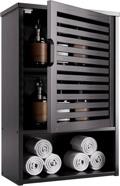 Bathroom Wall Cabinet, Medicine Cabinet Over The Toilet, Bamboo Hanging Storage Organizer with Single Door and Open Bottom Shelf, for Kitchen Living Room, Natural