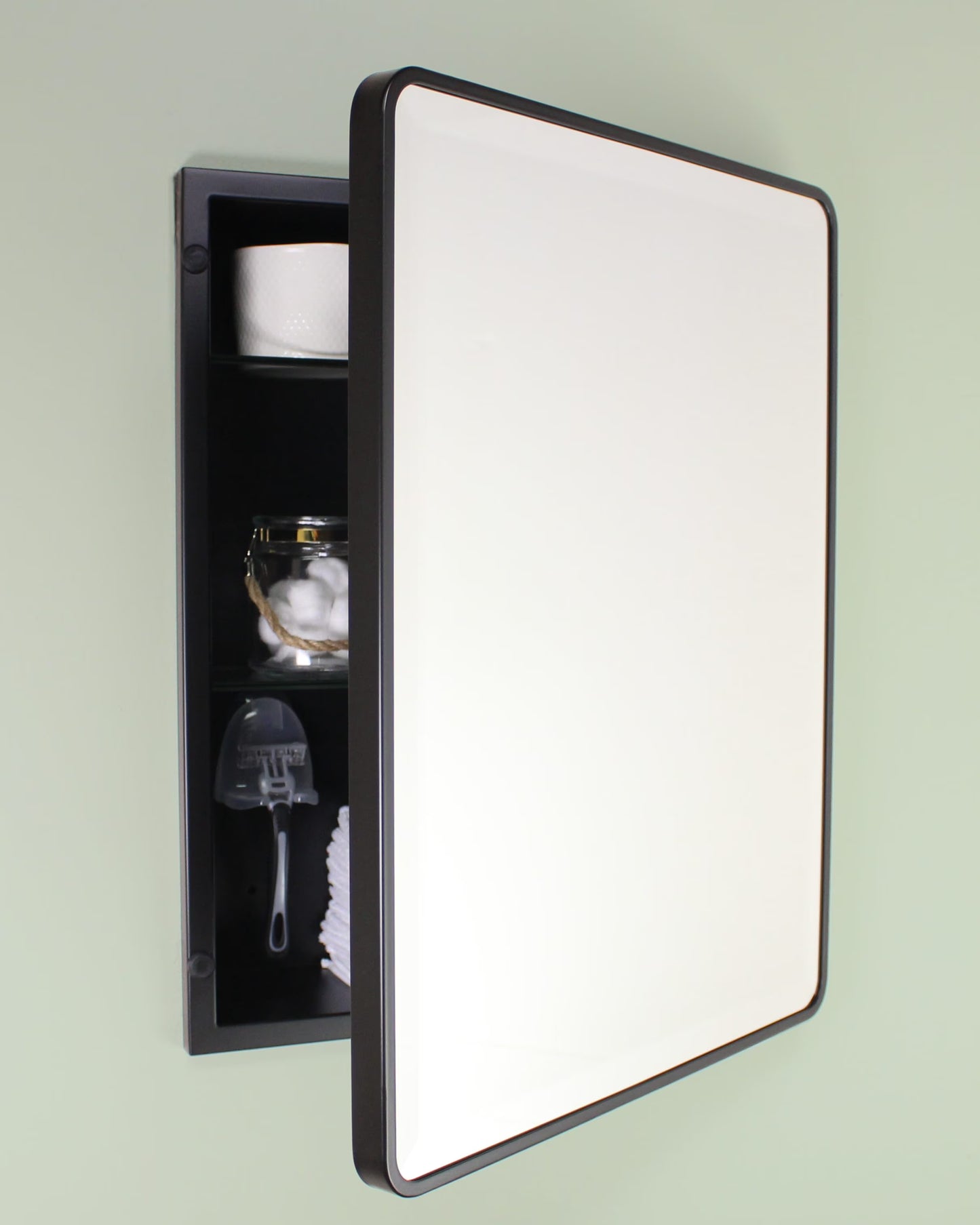16x20 Austin Farmhouse Metal Framed Rounded Rectangle Recessed Bathroom Medicine Cabinet, Beveled Mirror, 14x18 in-Wall Opening, Powder-coated Steel, Adjustable Glass Shelves, Magnet Close, White